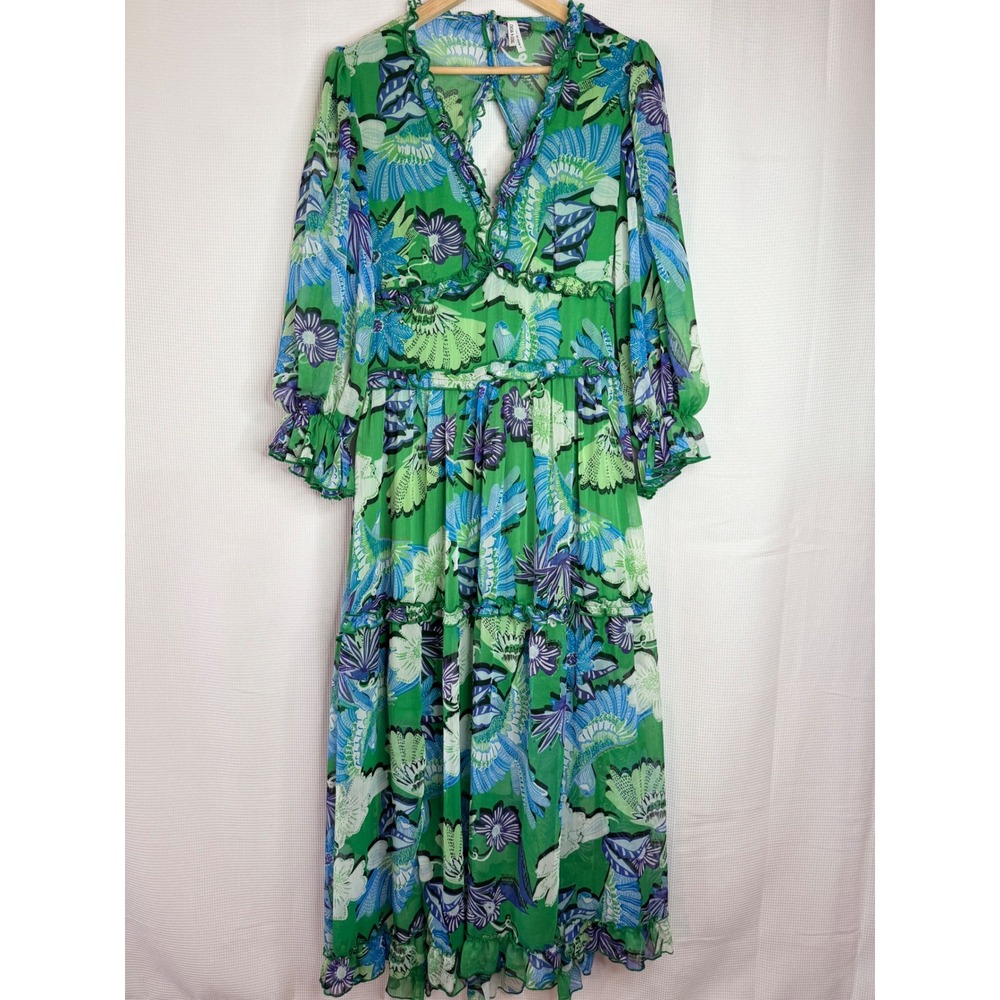 Green Floral Chiffon Maxi Dress Long Sleeve Open Back Tiered Boho Cottage Large
